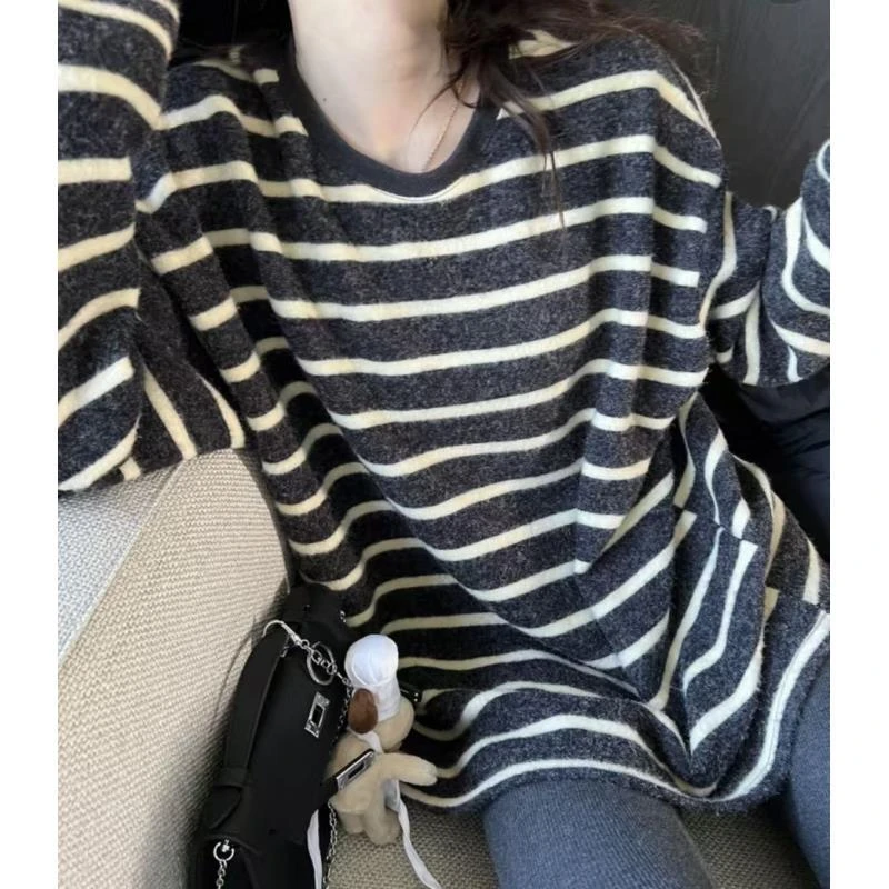 2025秋冬新款海盐奥利奥加绒加厚保暖慵懒宽松显瘦长袖条纹T恤
