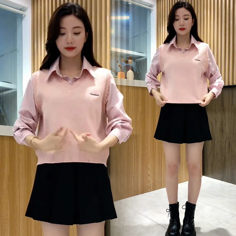 时尚气质假两件衬衫女士2025年春秋新款设计感宽松减龄长袖衬衣潮