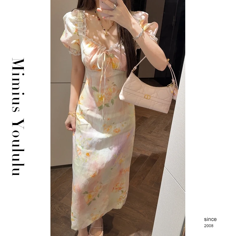 【mimius】肉肉 法式浪漫V领印花绑带泡泡袖收腰连衣裙 G05361