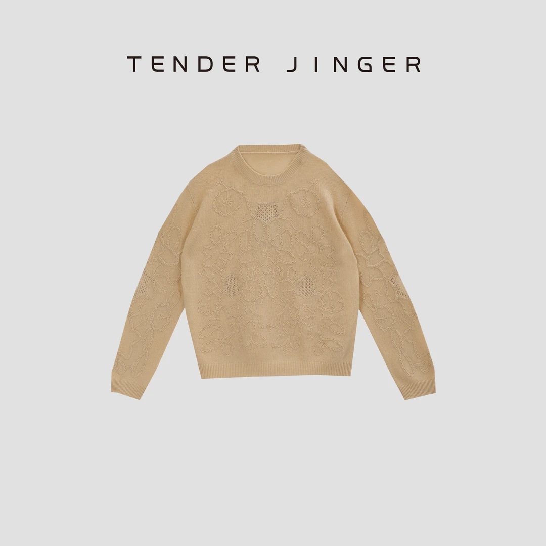 Tender Jinger【鎏金岁月】慵懒圆领套头绣花羊毛针织衫T53KJJ41134