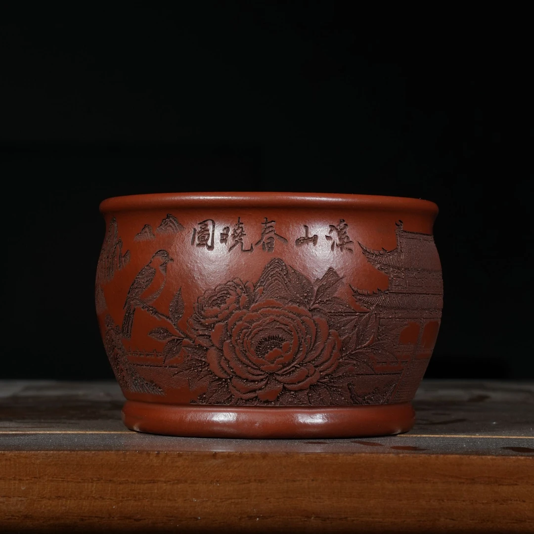 宜兴原矿朱泥刻绘溪山春晓图紫砂手工主人杯容量150CC