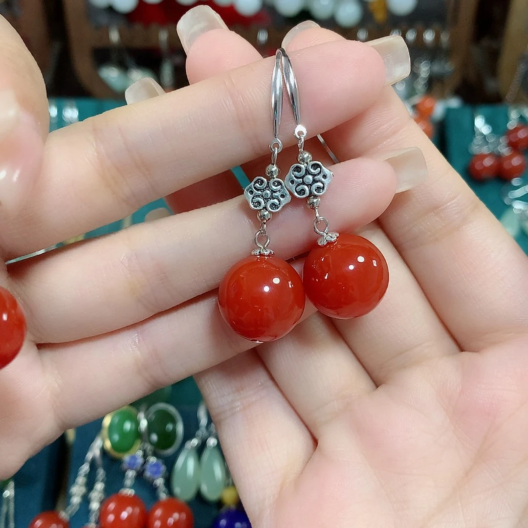 玛瑙/玉髓耳饰银S925镶嵌冰****）14mm左右（锦红）