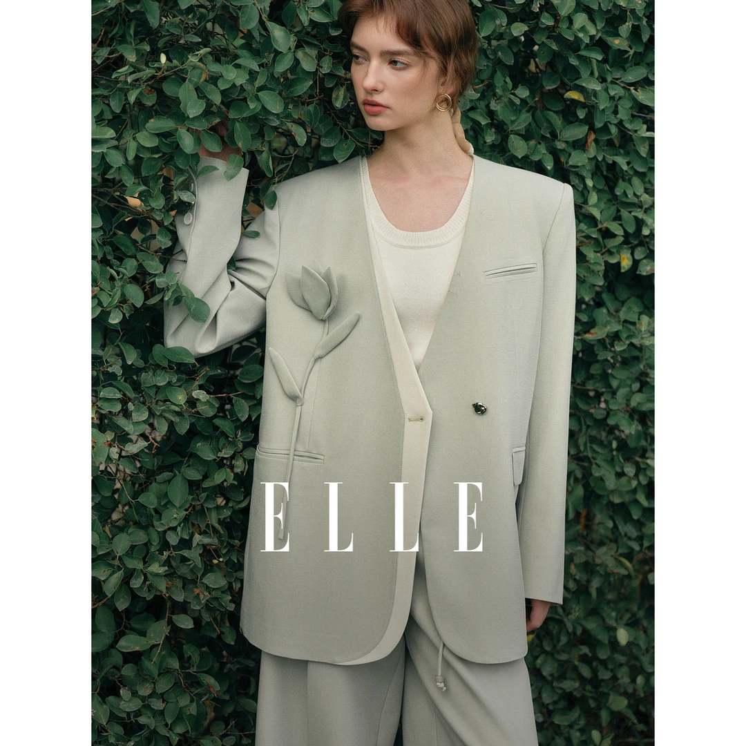 ELLE法式设计感立体花朵优雅西装外套女2025春季新款通勤EX50389
