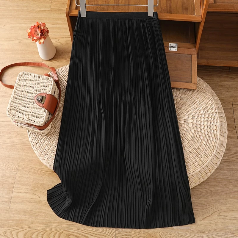 拉夏贝尔黑色a字半身裙中长款夏薄款2025新款高端显瘦百搭百褶裙