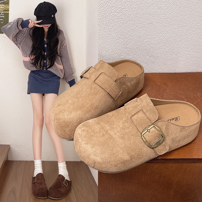 5cm小个子一脚蹬博肯欧货外穿勃肯鞋女2025秋季新款包头半拖厚底