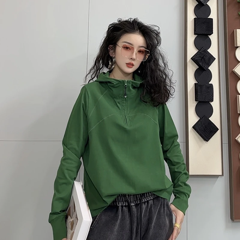 春季半拉链连帽卫衣女2025新款时尚百搭长袖休闲运动上衣-1237