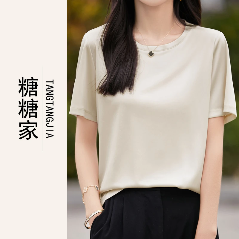 莹润光泽醋酸缎面圆领短袖女套头T恤夏季上衣2025新款t恤
