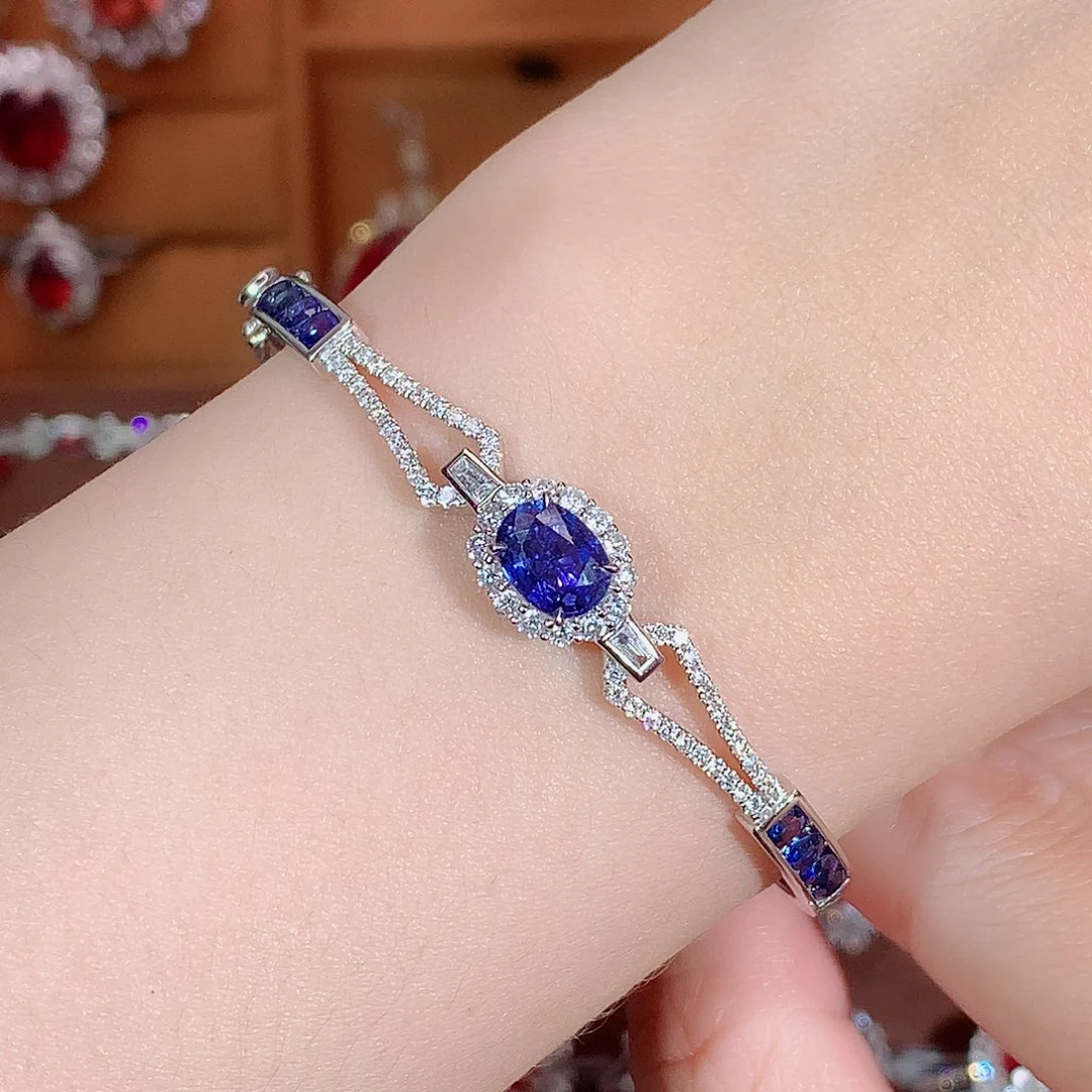 手镯蓝宝石18K金镶嵌1.6ct/天然宝石/七天无理由