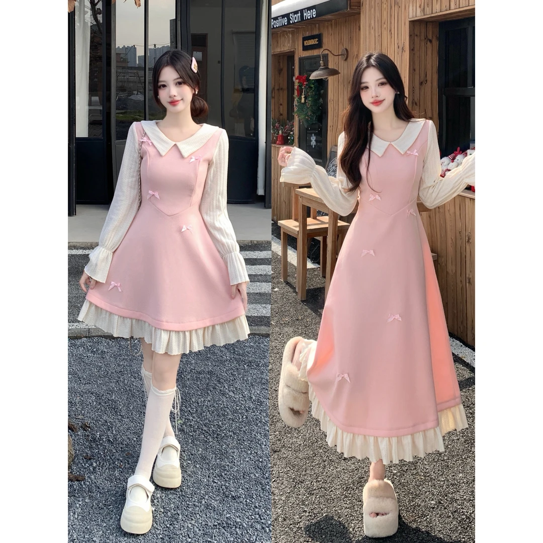 大码云端恋曲胖mm秋冬毛呢蝴蝶结娃娃领长袖连衣裙收腰显瘦A字裙