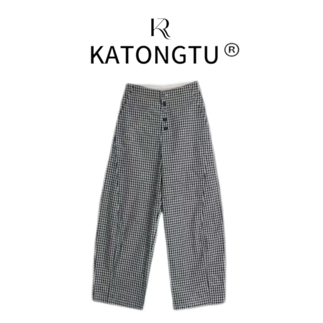 KATONGTU 【冰凉格子】春夏格纹百搭松紧要休闲九分裤DM2503073