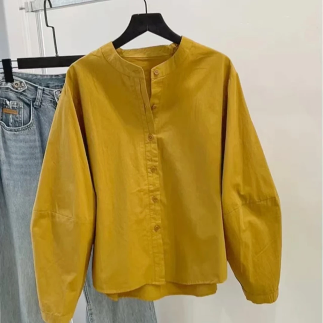 全额运补圆领衬衫女宽松2025新款韩版休闲灯笼袖叠穿显瘦棉衬衣