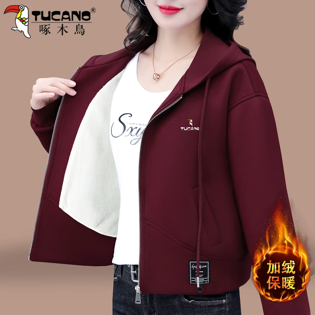 啄木鸟小个子外套女短款春秋2025新款爆款连帽卫衣开衫卡其色上衣