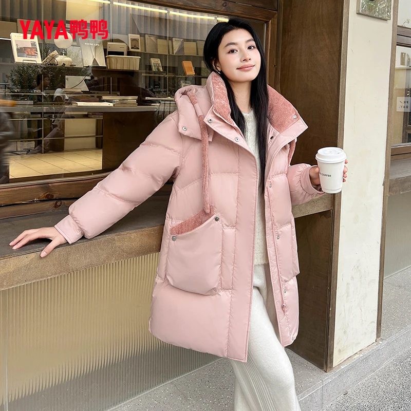 YAYA/鸭鸭中长款90鸭绒羽绒服女2025冬时尚洋气宽松保暖外套连帽