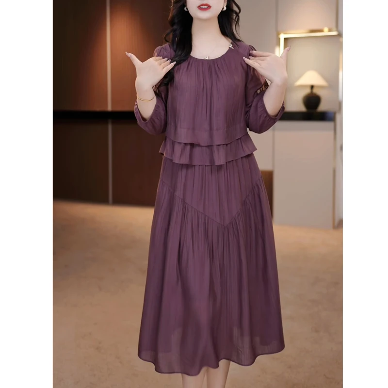 冰丝皱假两件气质连衣裙2025新款女装夏季纯色轻奢荷叶边显瘦裙子