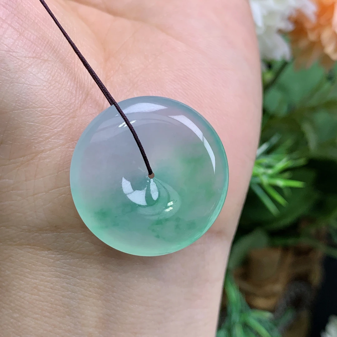 缅甸天然翡翠A货玉石高冰起光春彩饱满平安扣吊坠东尺寸27.3/6.3m