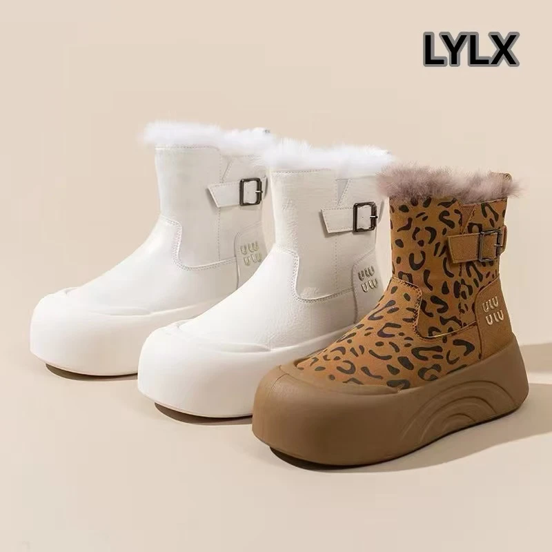 兔毛复古豹纹搭扣休闲鞋厚底增高加绒保暖女士雪地百搭高帮鞋