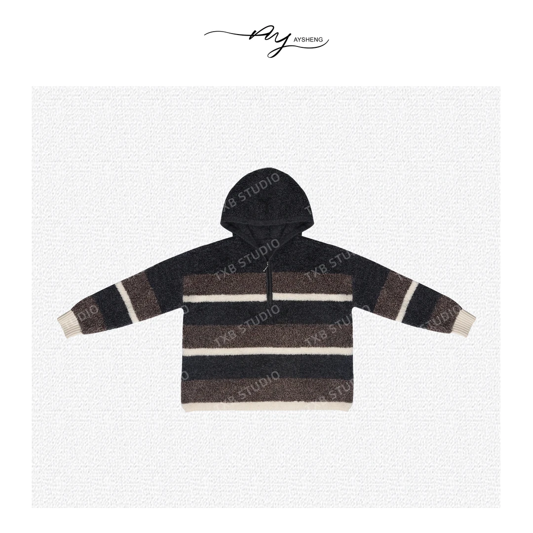 TXB “奥利澳”羊毛条纹圈圈毛连帽针织上衣XB-6802
