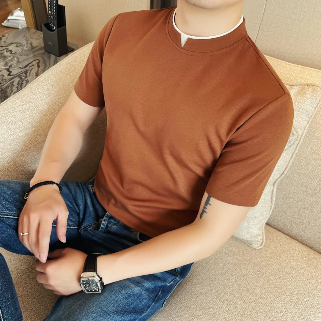 春夏男士假两件上衣黑色短袖男修身高级感双层领休闲撞色圆领T恤