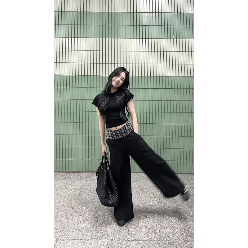 正肩短袖t恤修身内搭打底短款露脐上衣西装裤宽松直筒拖地休闲裤