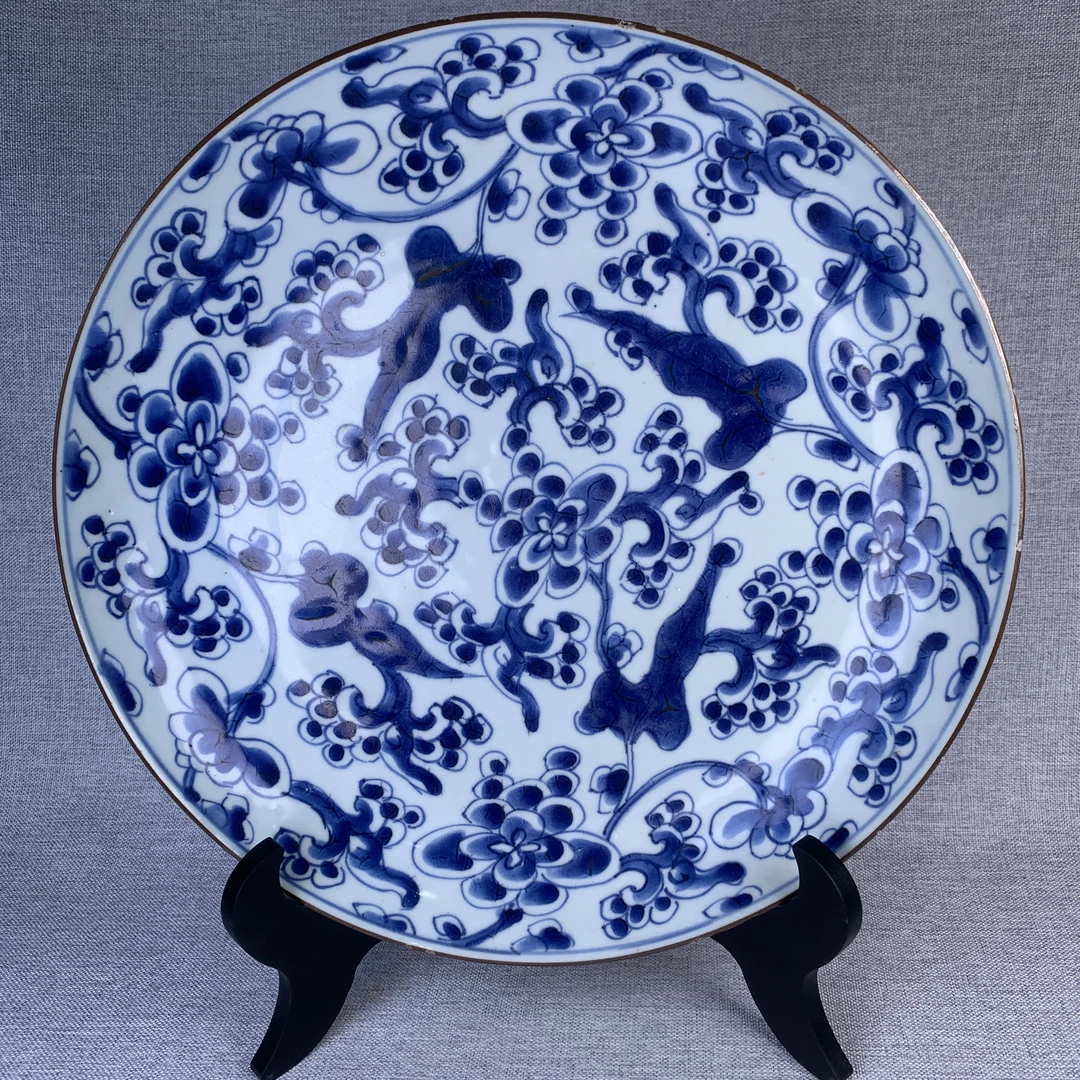 清代青花洞石花卉盘古瓷器真品国营镇江市文物商店库出5128101