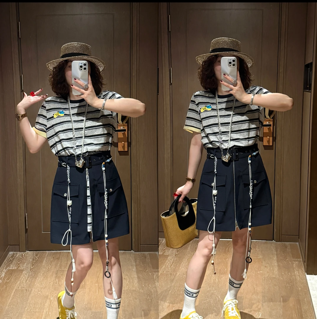 YDFSTUDIO小众【首尔女神】欧货高品条纹假两件连体半裙设计连衣裙