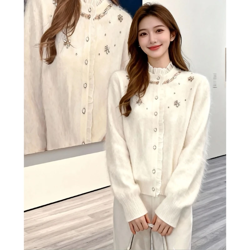 甜美感星星装饰针织开衫女2025秋冬珍珠钻链领边日常出街气质穿搭