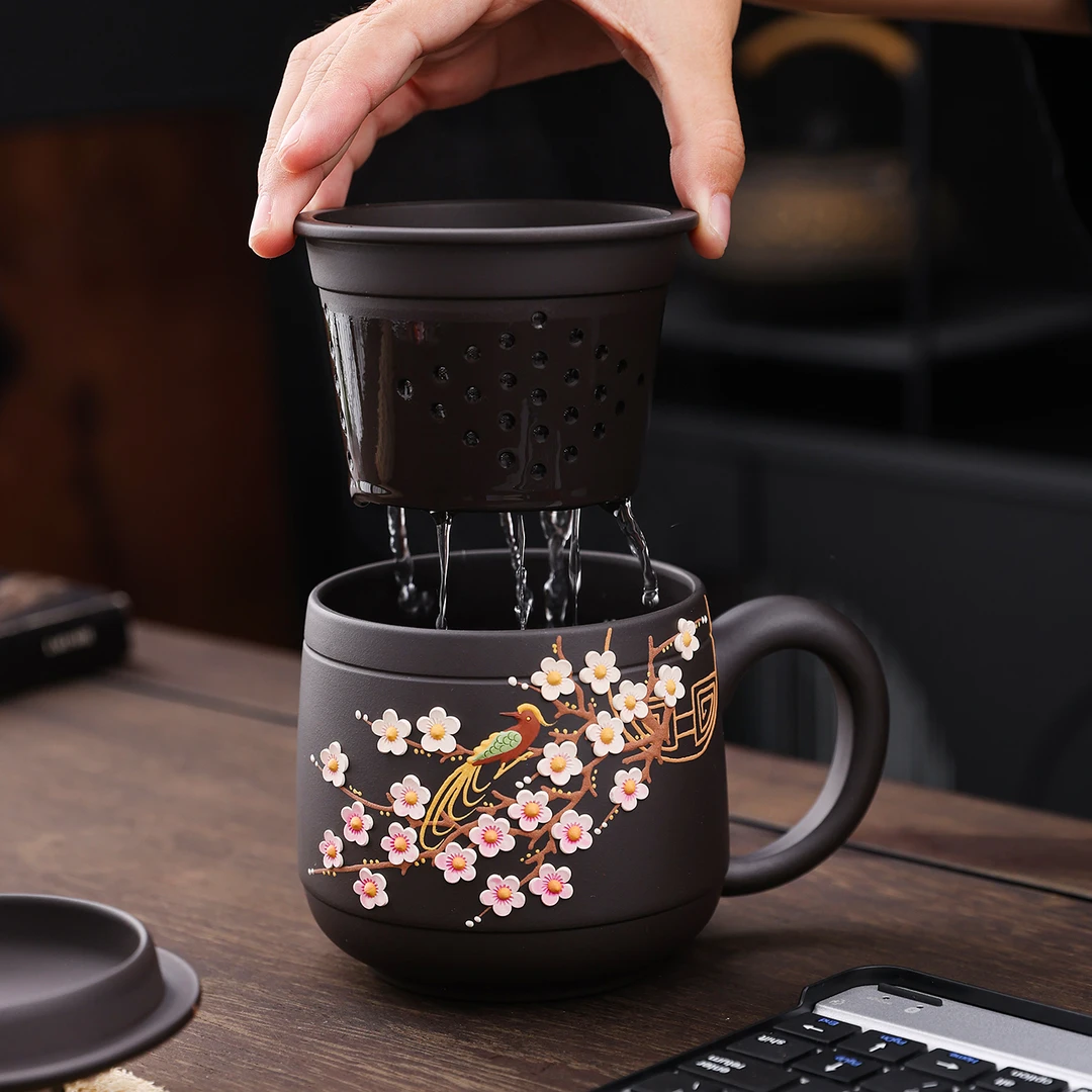 宜兴紫砂杯石黄泥料泥绘高档泡茶水杯感温变色三件套纯手工盖杯