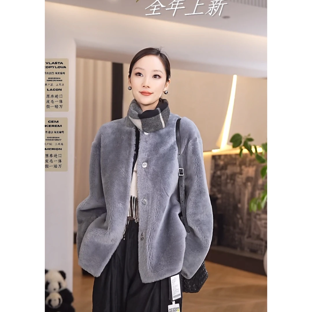 佰力郎82898新款圆领时尚保暖双穿进口真皮毛一体外套皮草冬季