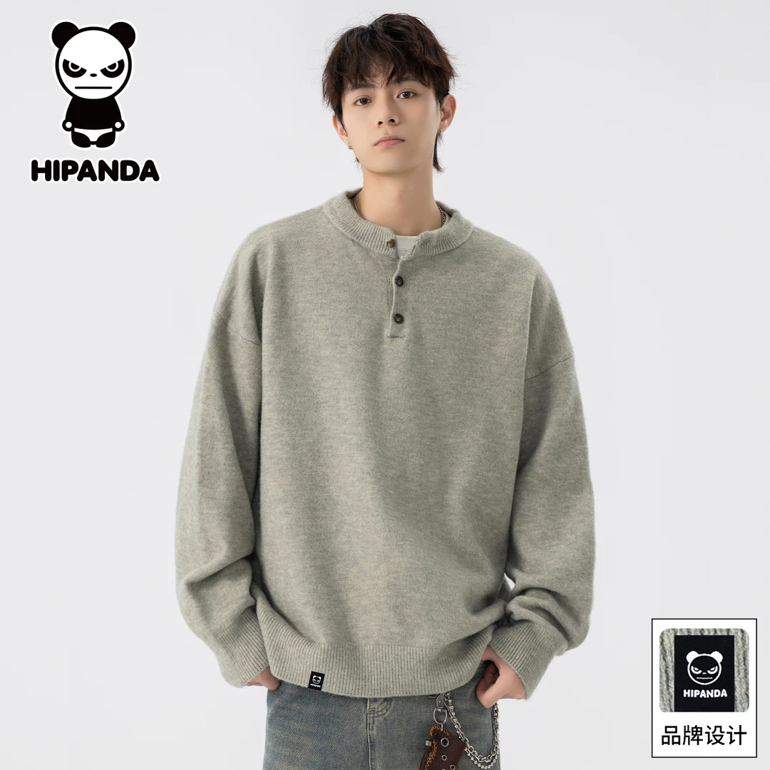 Hi Panda你好熊猫亨利领毛衣男士秋冬潮牌复古百搭休闲针织衫上衣