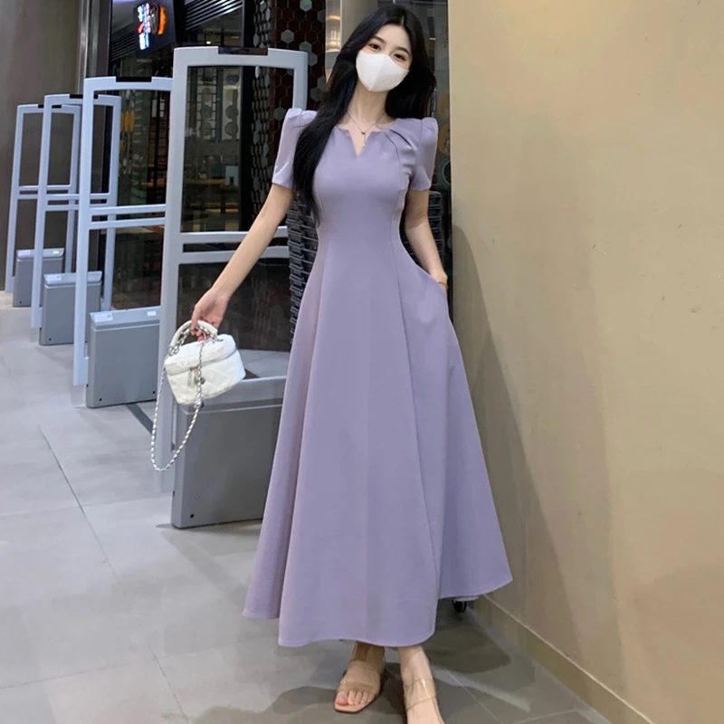 法式气质纯欲风V领短袖连衣裙女夏装2025夏季新款修身显瘦长裙子