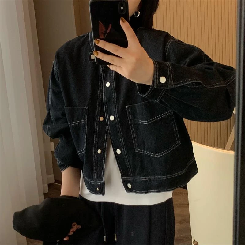 复古圆领落肩牛仔外套女2025年春夏新款韩版宽松休闲短款夹克上衣