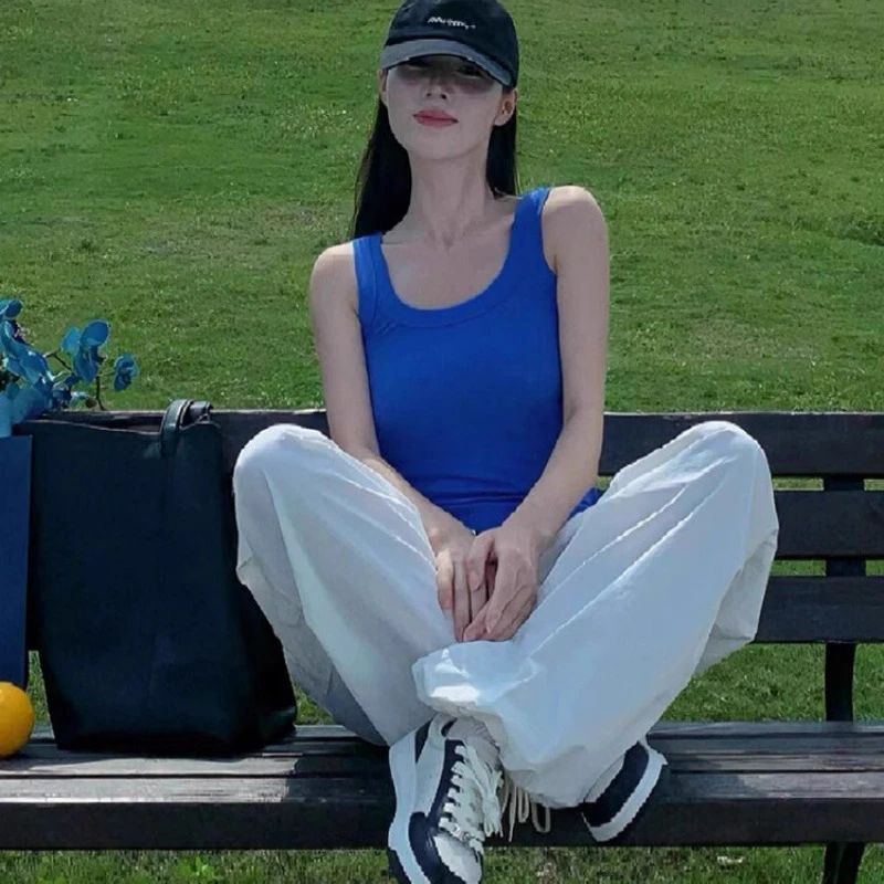 蓝色内搭显瘦大领口白色小背心吊带女夏季外穿针织无袖美背上衣薄