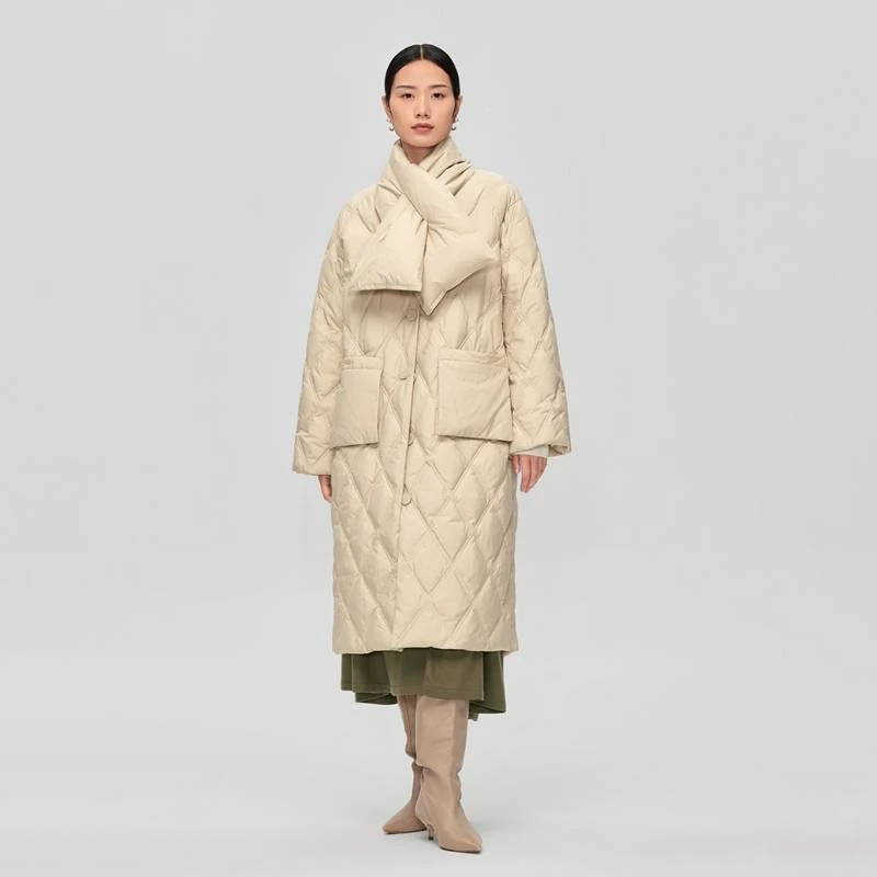 OVV秋冬新款女装大V领配可拆卸围巾中长款鹅绒羽绒服GWRAJ43115A