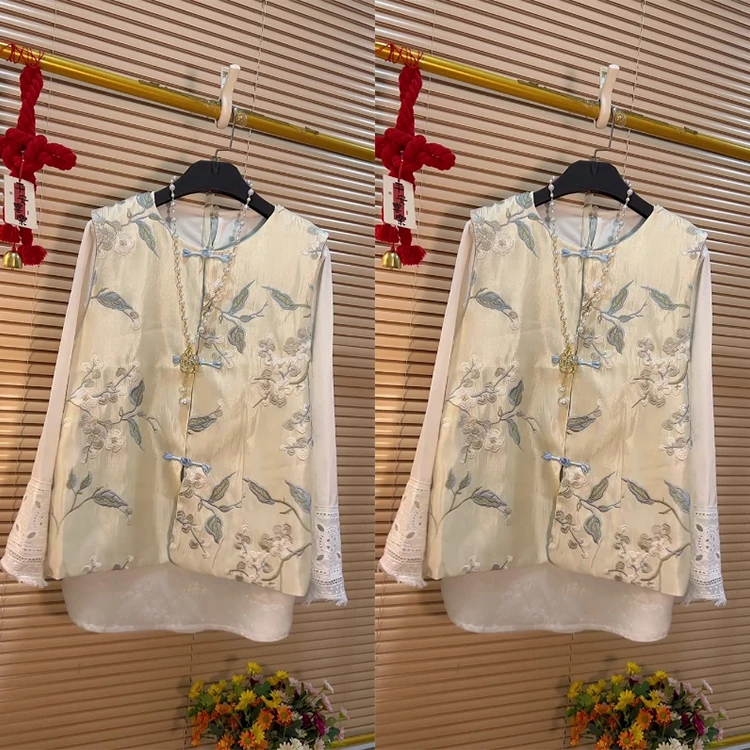 大码圆领流苏镂空长袖T恤开衫刺绣马甲套装复古中国风遮肉时尚潮