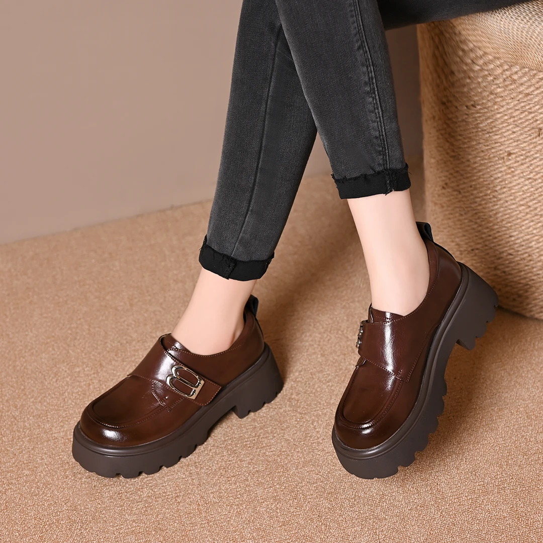 厚底粗跟复古魔术贴单鞋女新款百搭英伦风小皮鞋增高乐福鞋女爆款
