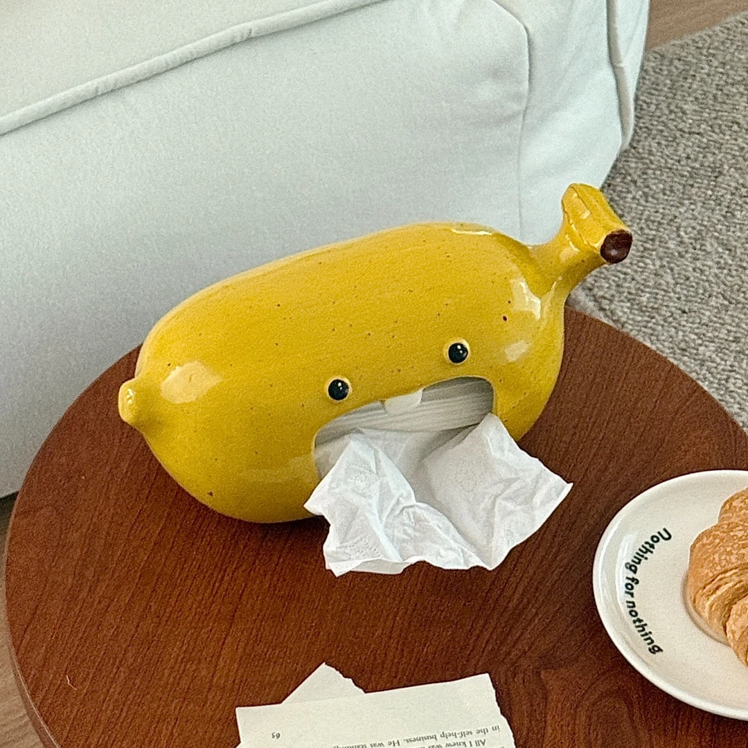 可爱卡通香蕉纸巾盒桌面客厅茶几装饰品陶瓷创意抽纸收纳盒摆件