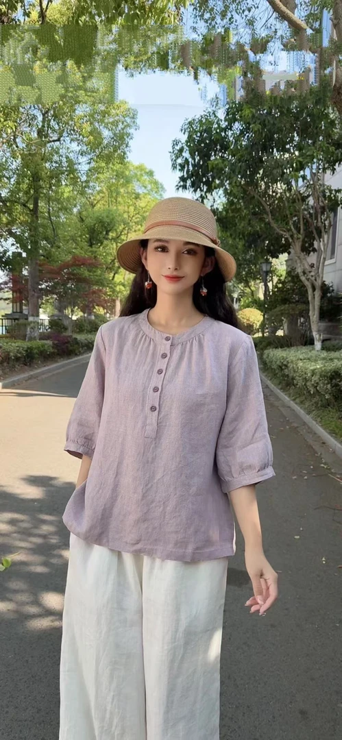 YIWEN夏季新款双色织汉麻中袖半开门襟圆领亚麻衬衫1160