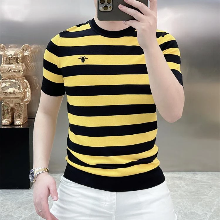 轻奢欧货男士针织短袖T恤夏季半袖上衣修身条纹高档时尚百搭薄款t