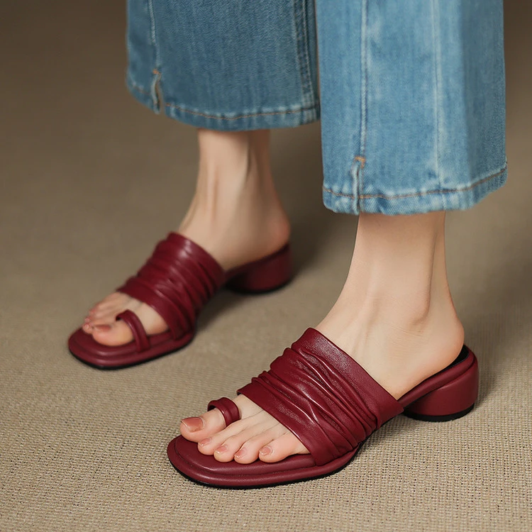 头层羊皮~4cm软面休闲半拖复古夹趾红色凉拖鞋女真皮软底时尚凉鞋