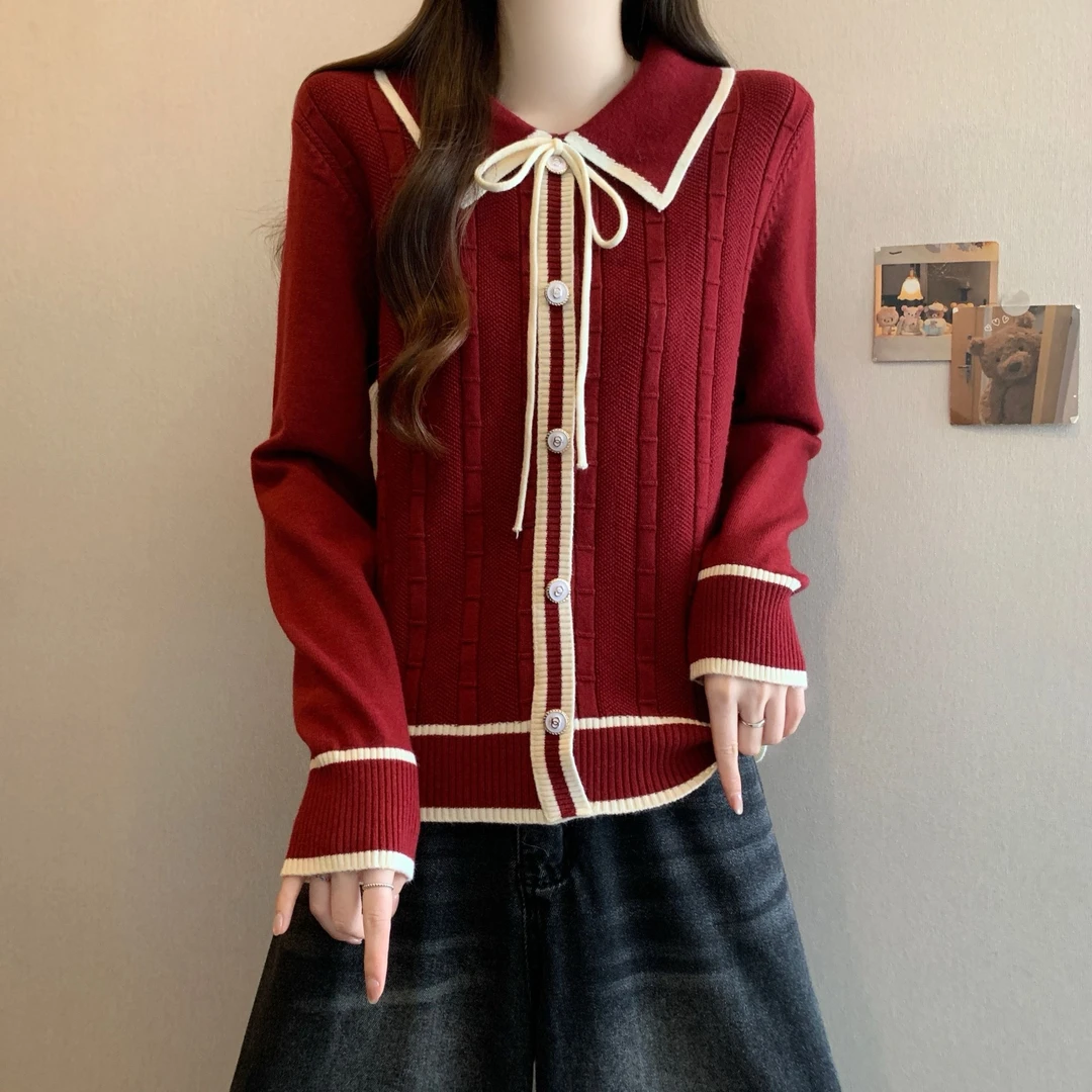 大码小香风娃娃领红色针织衫女秋冬胖MM宽松显瘦百搭洋气打底毛衣