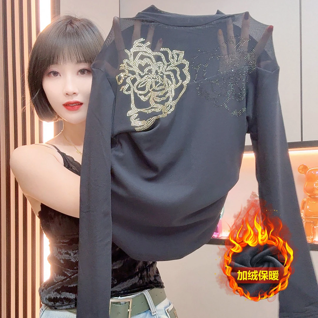冬季加绒半高领打底衫复古网纱烫钻长袖t恤女修身保暖内搭上衣潮