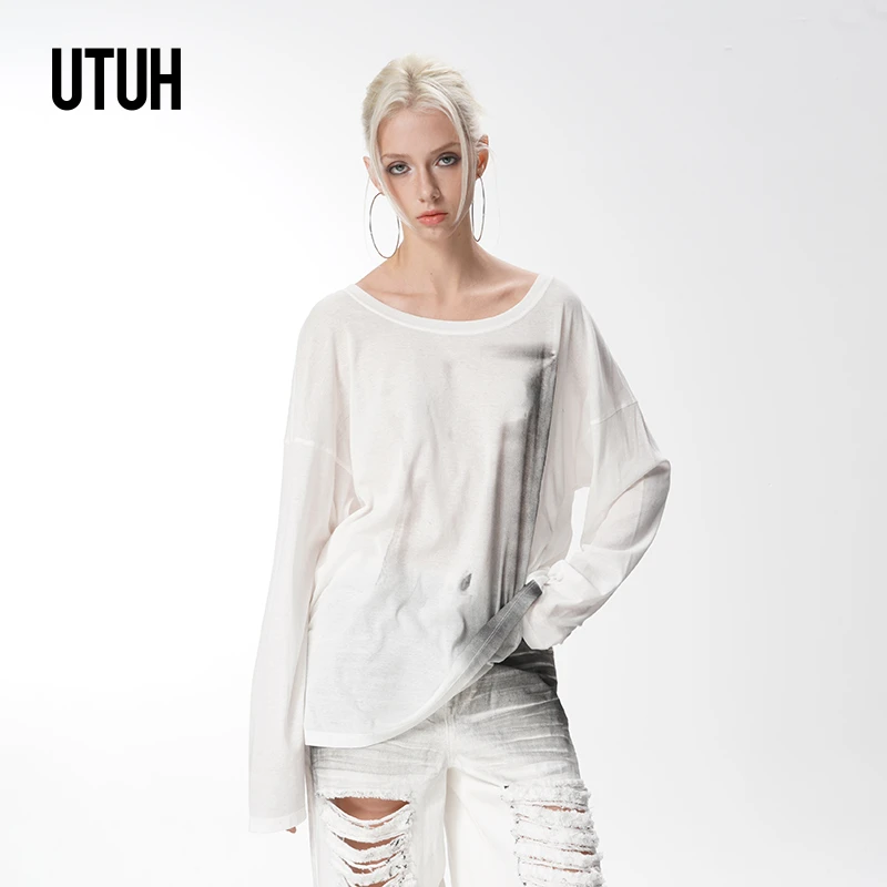 UTUH 白色大圆领性感透视人体印花纯棉简约时尚上衣女 TDWWS1N030
