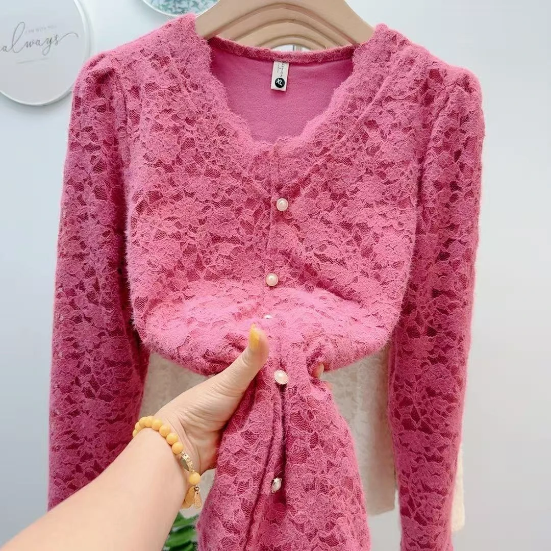 甜美小清新长袖花边蕾丝衫女漂亮打底衫加绒秋冬季款韩版洋气上衣