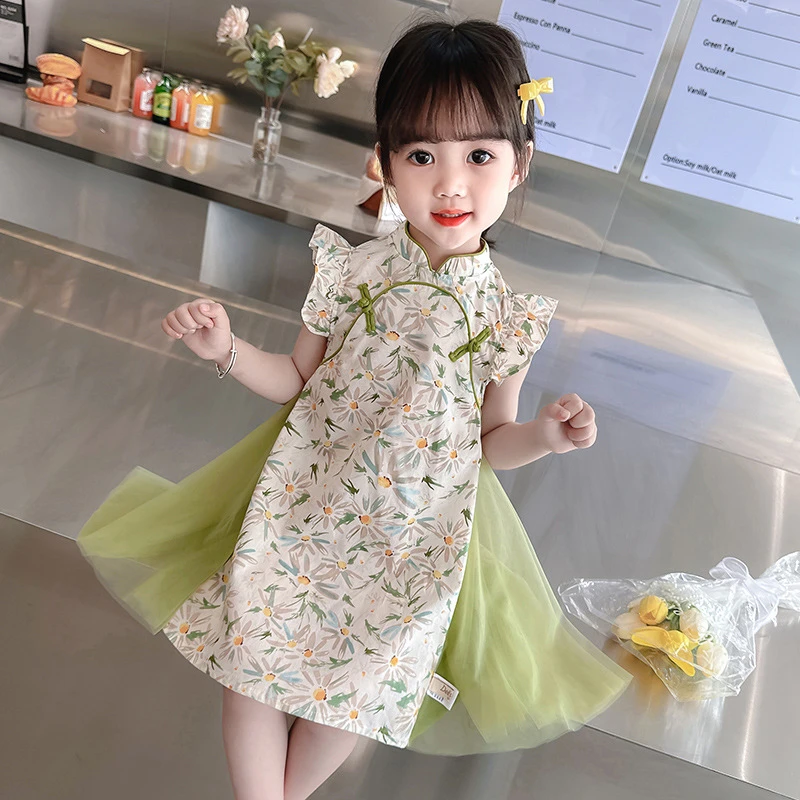 女童中国风旗袍夏季新品超仙时尚洋气甜美可爱碎花拼接旗袍裙