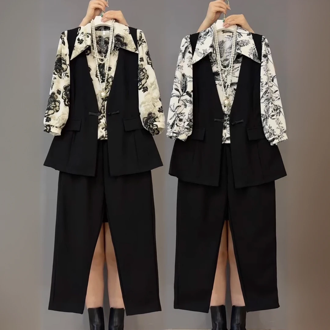 胖妹妹大码女装开春穿搭一整套马甲+衬衫+裤子三件套新款时尚套装