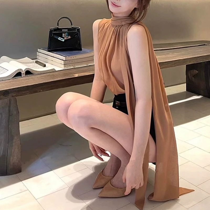 夏季法式雪纺飘带无袖上衣高级感设计减龄衬衣小众别致时尚小衫