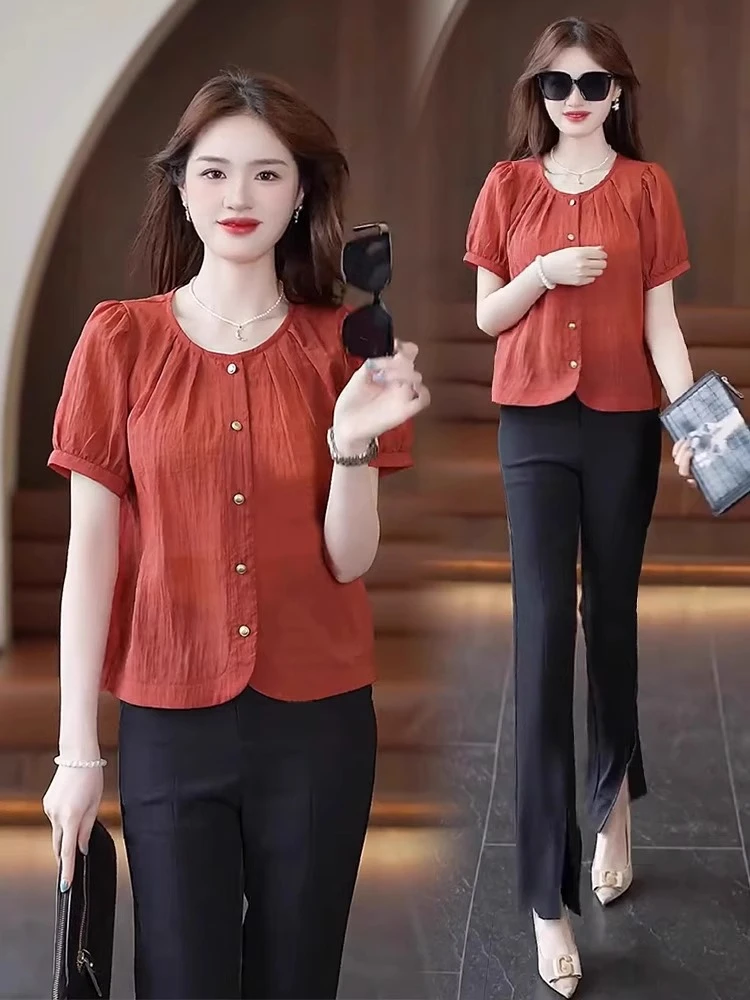 雪纺短袖女夏2025新款夏季衬衫薄款轻奢高级感今年流行的女装上衣