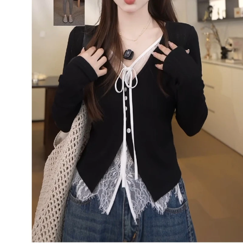 【首尔欧尼】初秋女蕾丝拼接假两件镂空长袖针织衫LK2505727