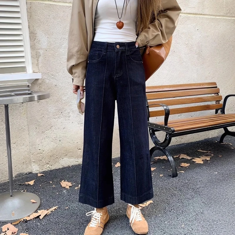 大码女装黑金色直筒牛仔裤春季新款梨形身材裤子显瘦弹力阔腿裤子