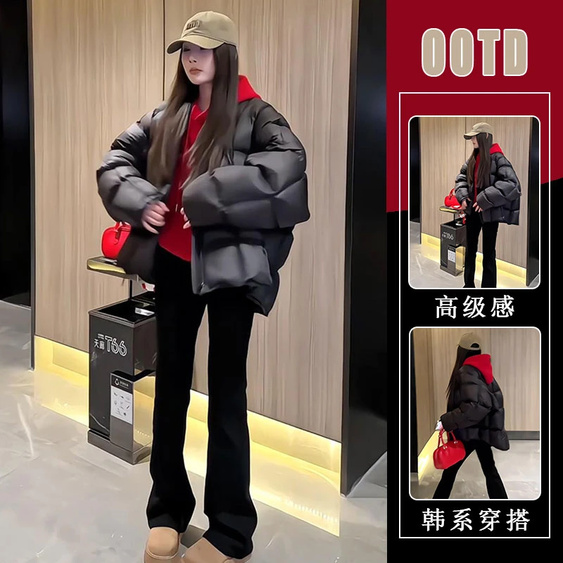 纯色圆领设计方块棉服女冬季2024新款小个子高级感百搭保暖外套潮